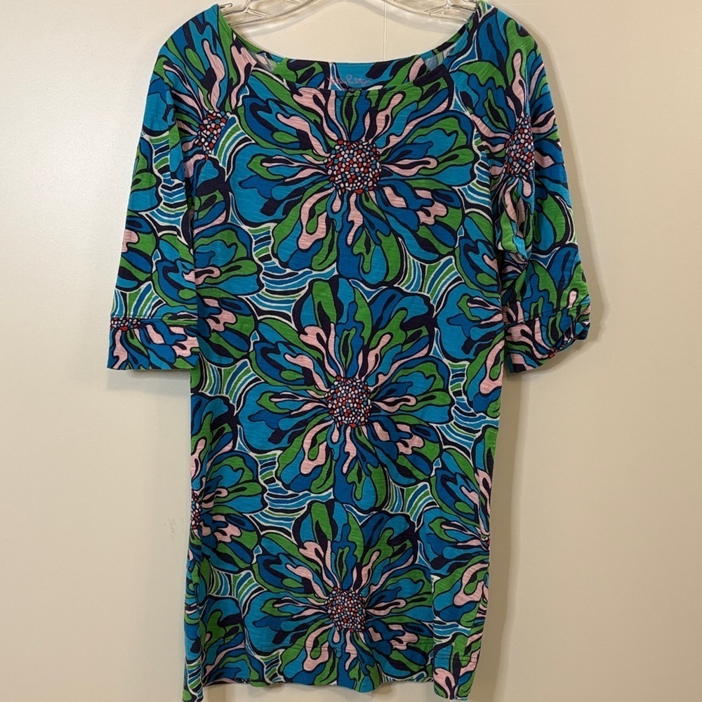 Lilly Pulitzer 100% Cotton Blue & Green Floral Cotton Dress M